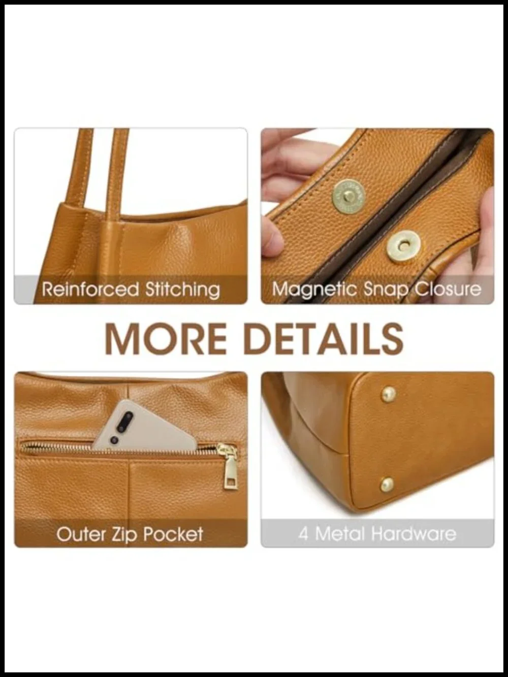 Top Grain Pebbled Cowhide Leather Hobo Bag with Magnetic Snap Closure